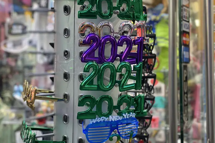A display of 2021 New Year's novelty glasses